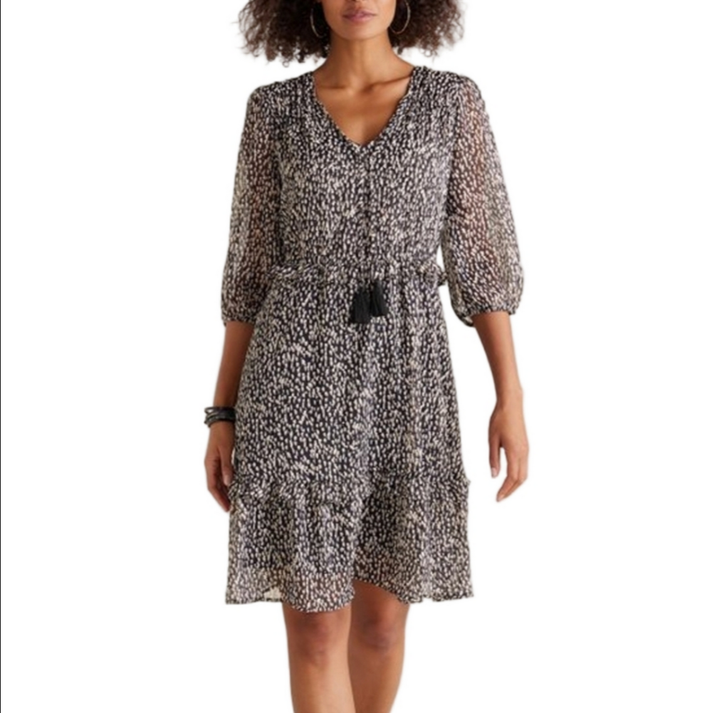 NWT Soft Surroundings Hazel Black Tan White Animal Print Tiered V Neck Dress